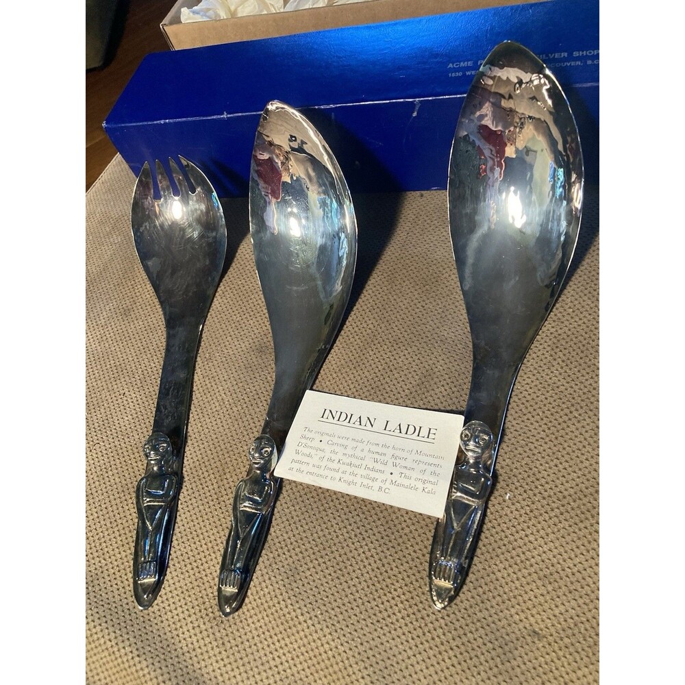 3 Set Native American Silver Plate Serving Spoon Ladle & Fork Kwakiutl Indian
